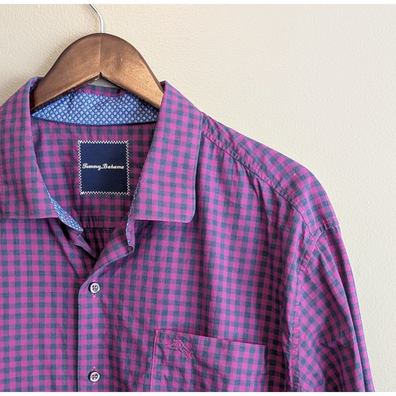 Tommy Bahama Mens Xl Pima Cotton Red Blue Plaid Check Button Down Shirt Casual
